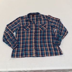 Bit & Bridle women’s blue and tan long sleeve button down plaid shirt size XL